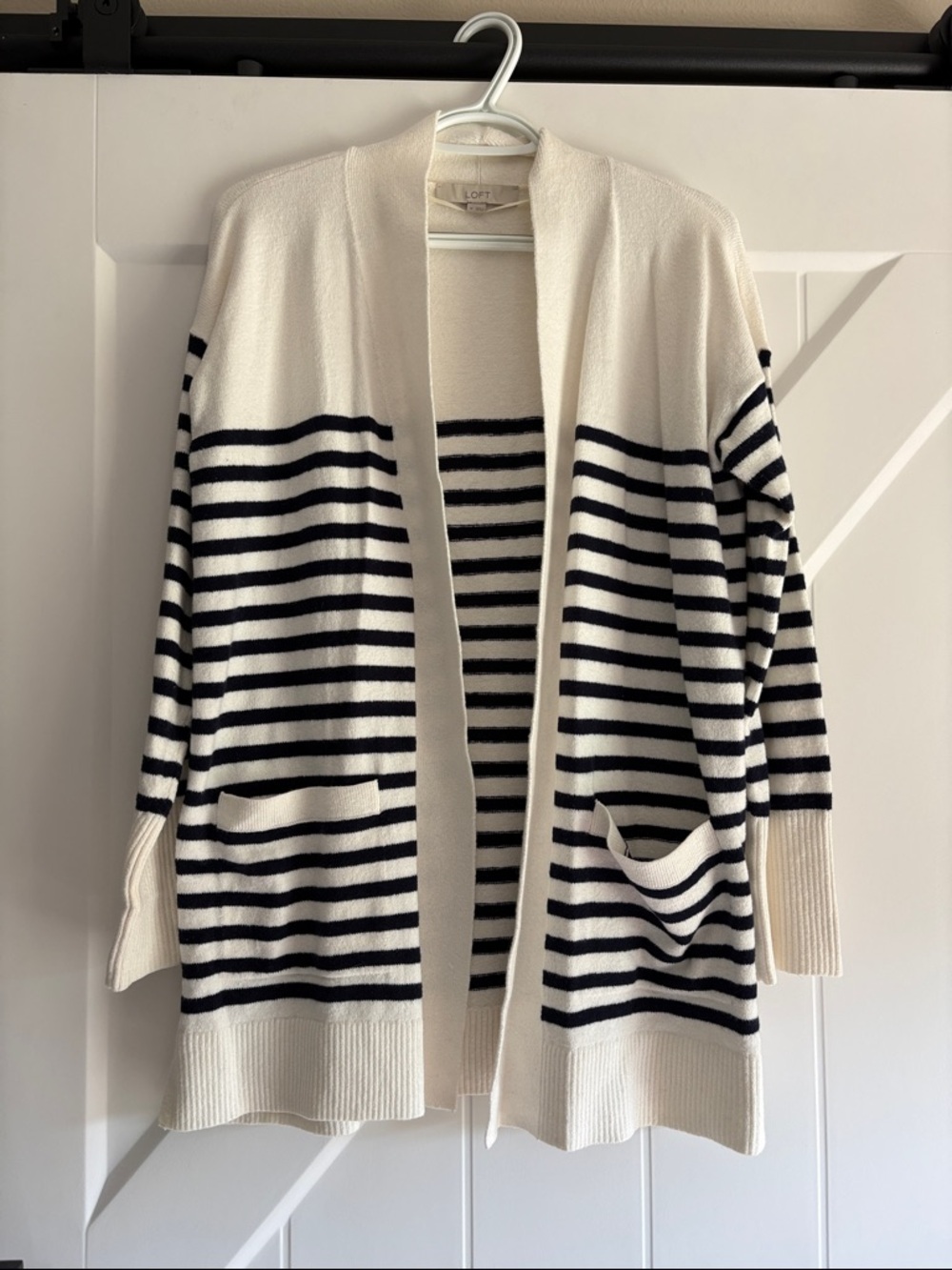 LOFT Cream and Navy Striped Open-Front Cardigan